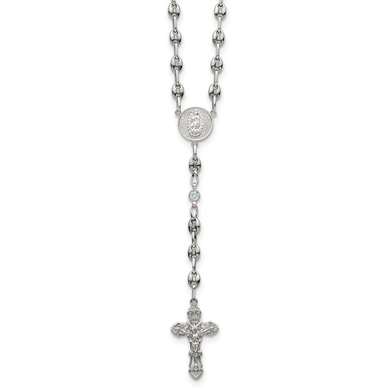 Stainless Steel with 925 Polished Light Blue CZ 21in Rosary Necklace