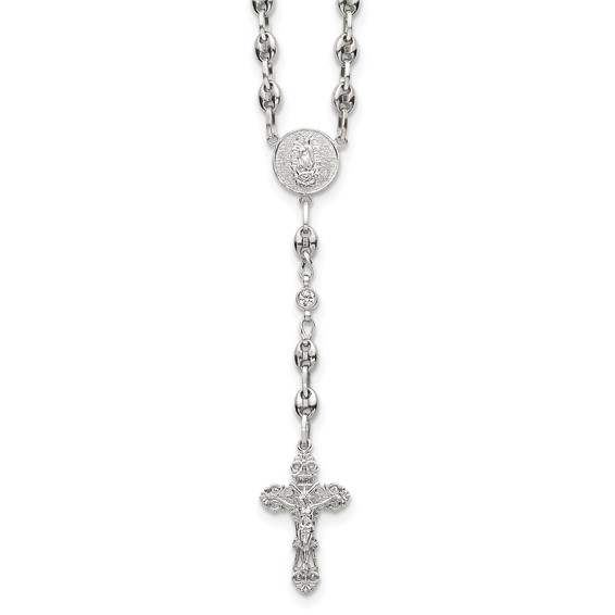 Stainless Steel with 925 Polished CZ 21in Rosary Necklace