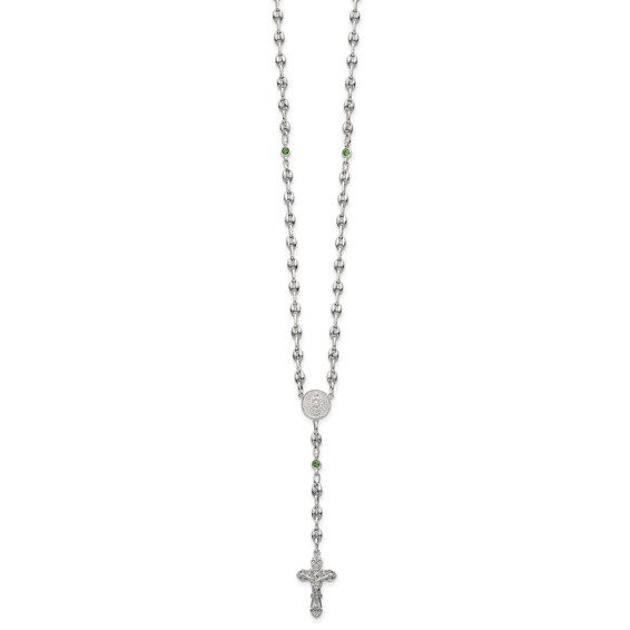 Stainless Steel with 925 Polished Green CZ 21in Rosary Necklace