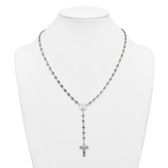 Stainless Steel with 925 Polished Green CZ 21in Rosary Necklace