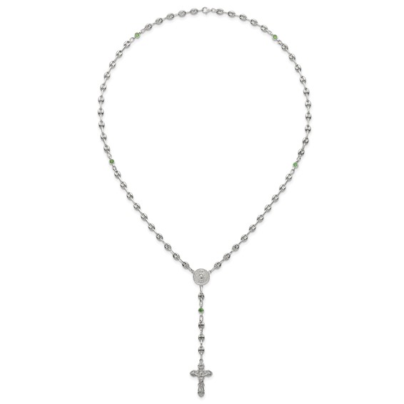 Stainless Steel with 925 Polished Green CZ 21in Rosary Necklace