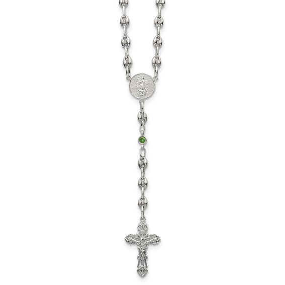 Stainless Steel with 925 Polished Green CZ 21in Rosary Necklace
