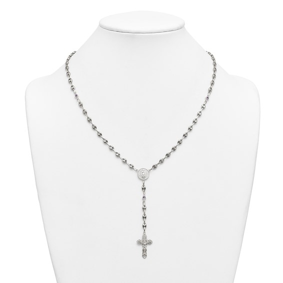 Stainless Steel w/925 Polished Light Purple CZ 21in Rosary Necklace