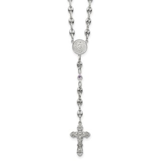 Stainless Steel w/925 Polished Light Purple CZ 21in Rosary Necklace