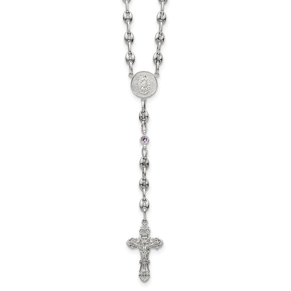 Stainless Steel w/925 Polished Light Purple CZ 21in Rosary Necklace