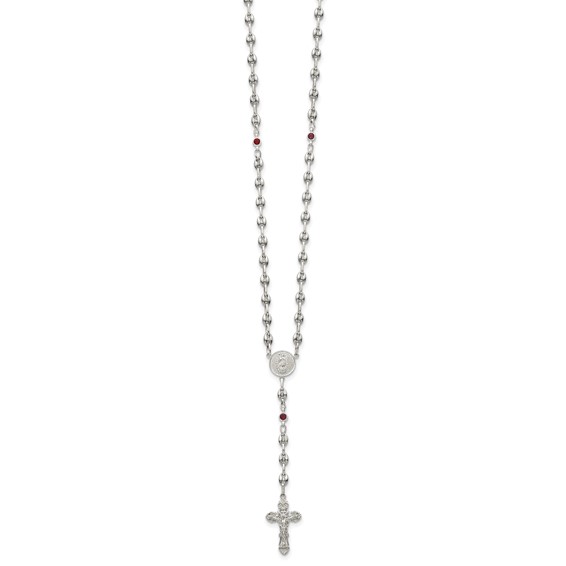 Stainless Steel with 925 Polished Dark Red CZ 21in Rosary Necklace