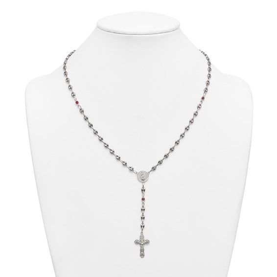 Stainless Steel with 925 Polished Dark Red CZ 21in Rosary Necklace