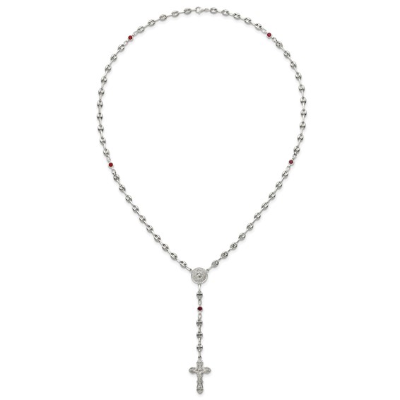 Stainless Steel with 925 Polished Dark Red CZ 21in Rosary Necklace