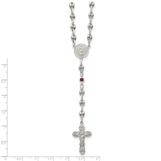 Stainless Steel with 925 Polished Dark Red CZ 21in Rosary Necklace