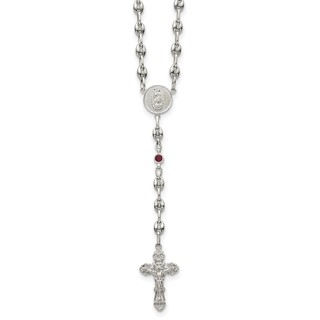 Stainless Steel with 925 Polished Dark Red CZ 21in Rosary Necklace