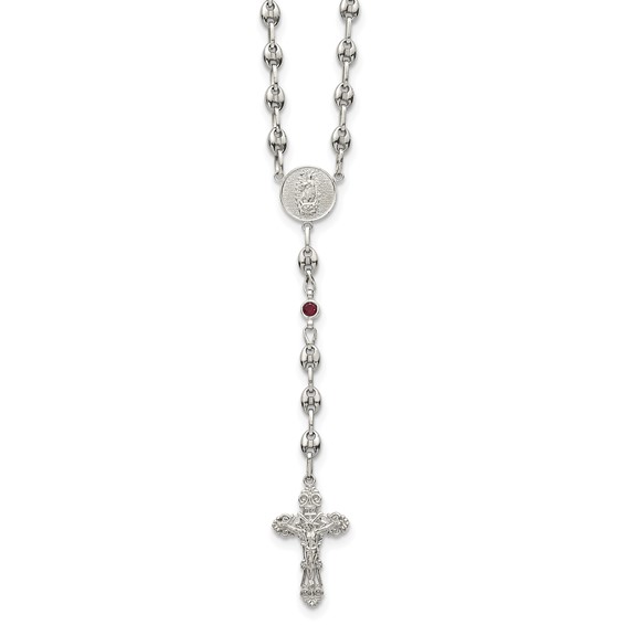 Stainless Steel with 925 Polished Dark Red CZ 21in Rosary Necklace
