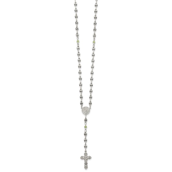 Stainless Steel with 925 Polished Light Green CZ 21in Rosary Necklace
