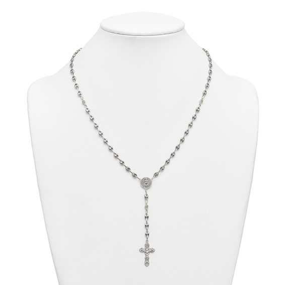 Stainless Steel with 925 Polished Light Green CZ 21in Rosary Necklace