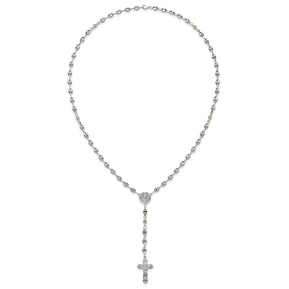 Stainless Steel with 925 Polished Light Green CZ 21in Rosary Necklace