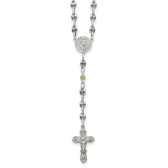 Stainless Steel with 925 Polished Light Green CZ 21in Rosary Necklace