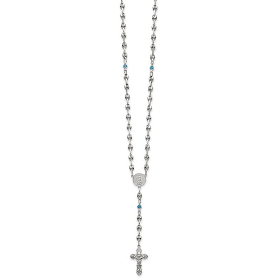 Stainless Steel with 925 Polished Dark Blue CZ 21in Rosary Necklace
