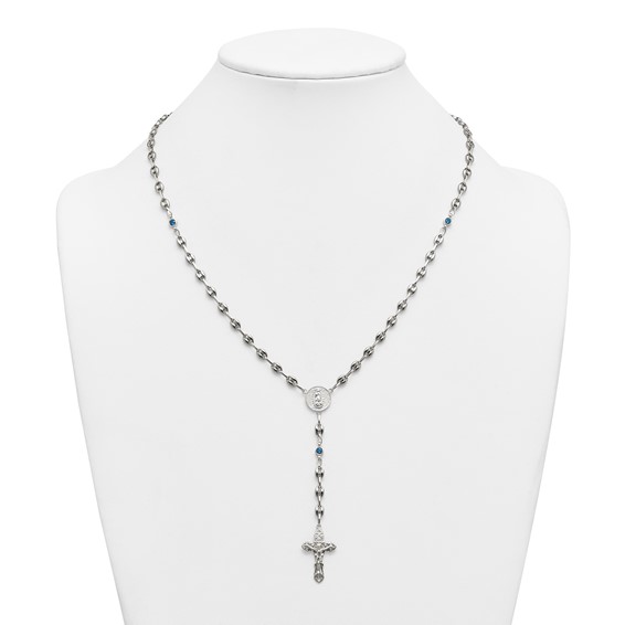 Stainless Steel with 925 Polished Dark Blue CZ 21in Rosary Necklace