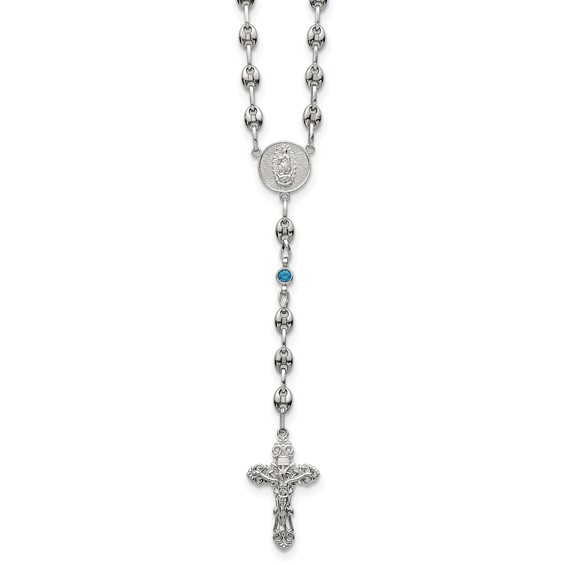 Stainless Steel with 925 Polished Dark Blue CZ 21in Rosary Necklace