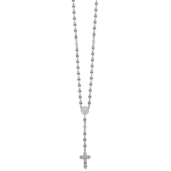 Stainless Steel with 925 Polished Pink CZ 21in Rosary Necklace