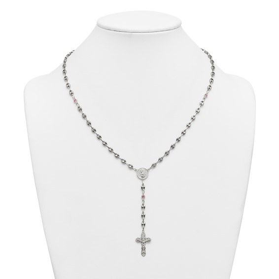 Stainless Steel with 925 Polished Pink CZ 21in Rosary Necklace