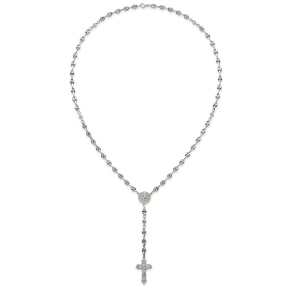 Stainless Steel with 925 Polished Pink CZ 21in Rosary Necklace