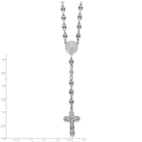Stainless Steel with 925 Polished Pink CZ 21in Rosary Necklace