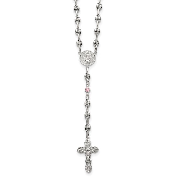 Stainless Steel with 925 Polished Pink CZ 21in Rosary Necklace