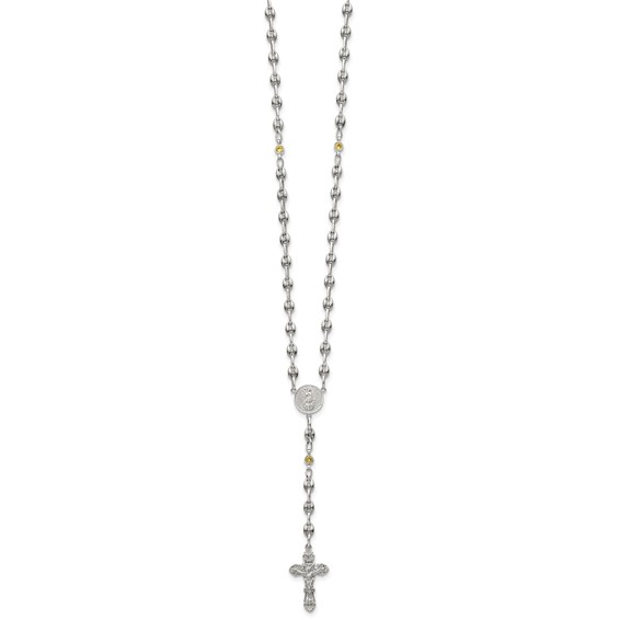 Stainless Steel with 925 Polished Yellow CZ 21in Rosary Necklace