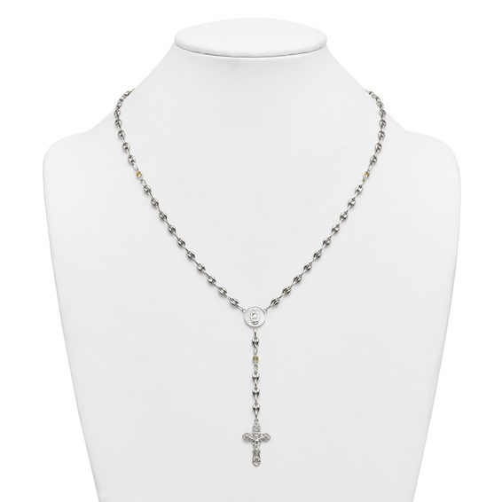 Stainless Steel with 925 Polished Yellow CZ 21in Rosary Necklace