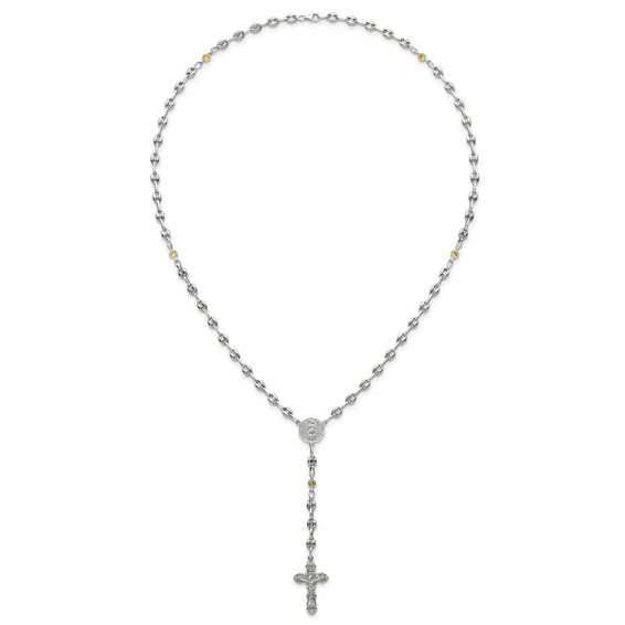 Stainless Steel with 925 Polished Yellow CZ 21in Rosary Necklace