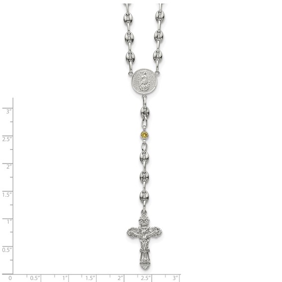 Stainless Steel with 925 Polished Yellow CZ 21in Rosary Necklace