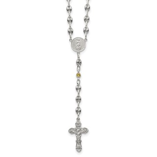 Stainless Steel with 925 Polished Yellow CZ 21in Rosary Necklace