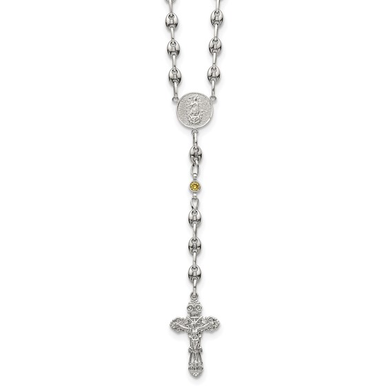 Stainless Steel with 925 Polished Yellow CZ 21in Rosary Necklace