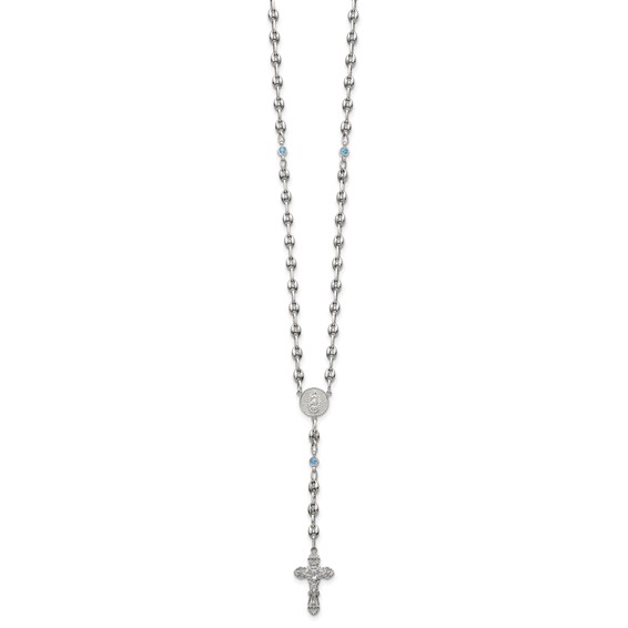 Stainless Steel with 925 Polished Blue CZ 21in Rosary Necklace