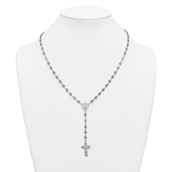 Stainless Steel with 925 Polished Blue CZ 21in Rosary Necklace