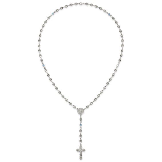 Stainless Steel with 925 Polished Blue CZ 21in Rosary Necklace