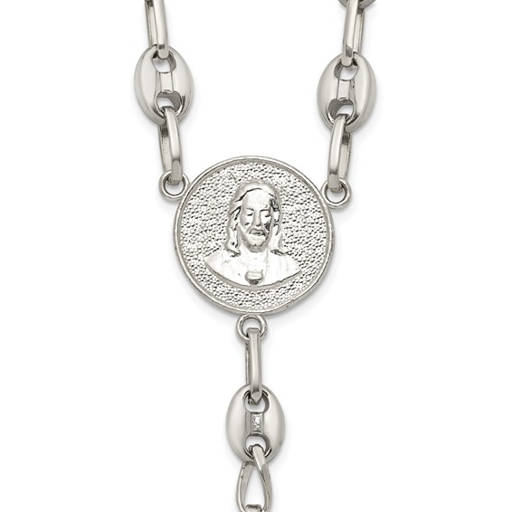 Stainless Steel with 925 Polished Blue CZ 21in Rosary Necklace