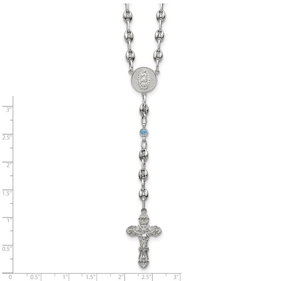 Stainless Steel with 925 Polished Blue CZ 21in Rosary Necklace