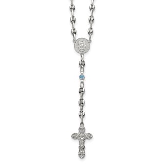 Stainless Steel with 925 Polished Blue CZ 21in Rosary Necklace