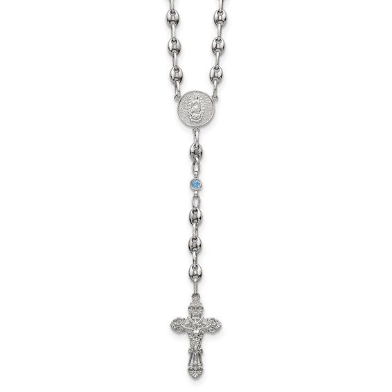 Stainless Steel with 925 Polished Blue CZ 21in Rosary Necklace