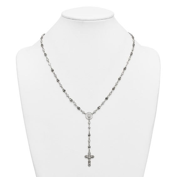 Stainless Steel with 925 Polished CZ 22in Rosary Necklace