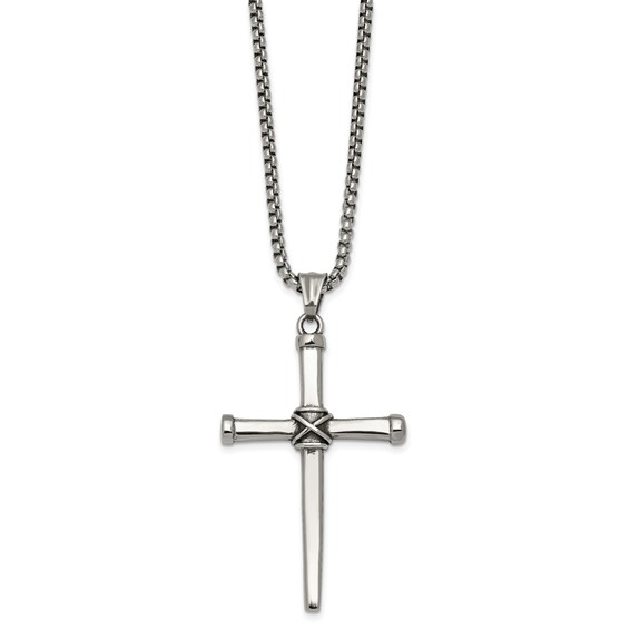 Stainless Steel Antiqued and Polished 24in Cross Necklace