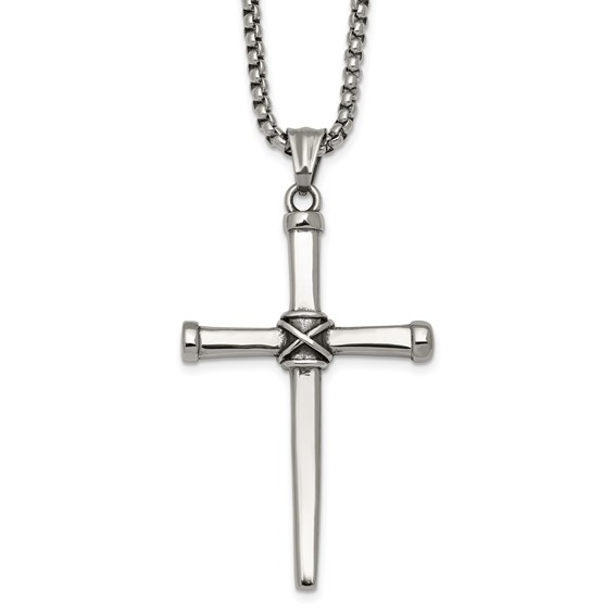 Stainless Steel Antiqued and Polished 24in Cross Necklace