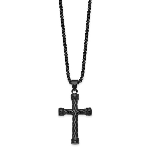 Stainless Steel Polished Black IP Twisted Cross 24in Necklace