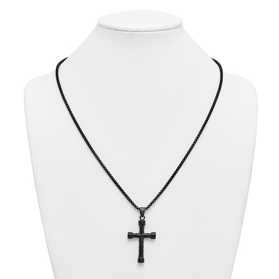 Stainless Steel Polished Black IP Twisted Cross 24in Necklace