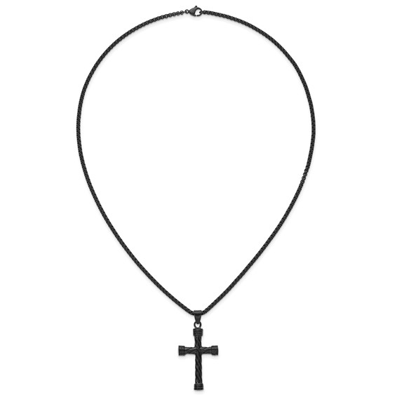 Stainless Steel Polished Black IP Twisted Cross 24in Necklace