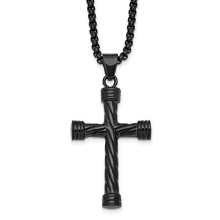 Stainless Steel Polished Black IP Twisted Cross 24in Necklace