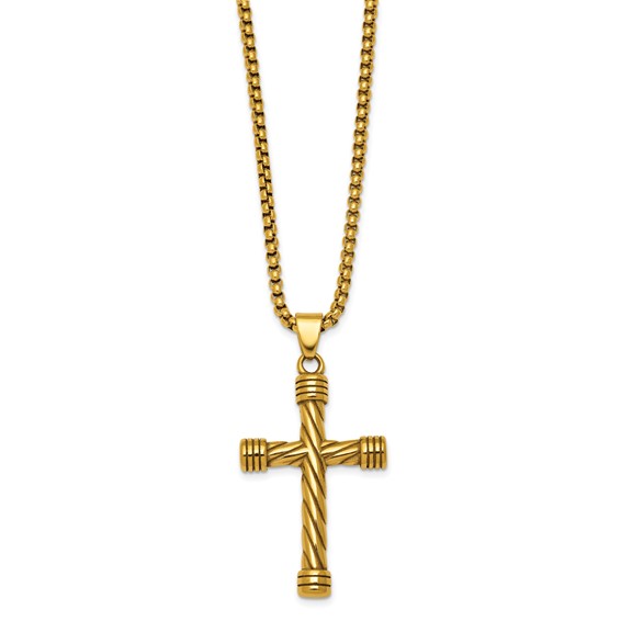 Stainless Steel Polished Yellow IP Twisted Cross 24in Necklace