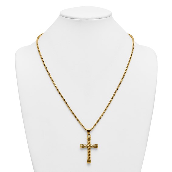 Stainless Steel Polished Yellow IP Twisted Cross 24in Necklace