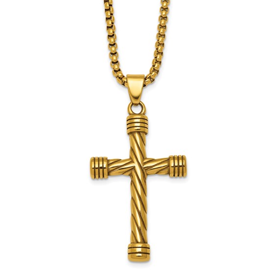 Stainless Steel Polished Yellow IP Twisted Cross 24in Necklace